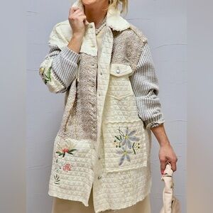 New POL Embroidered Floral Patchwork Quilt Shirt Jacket Shacket Hippie Boho